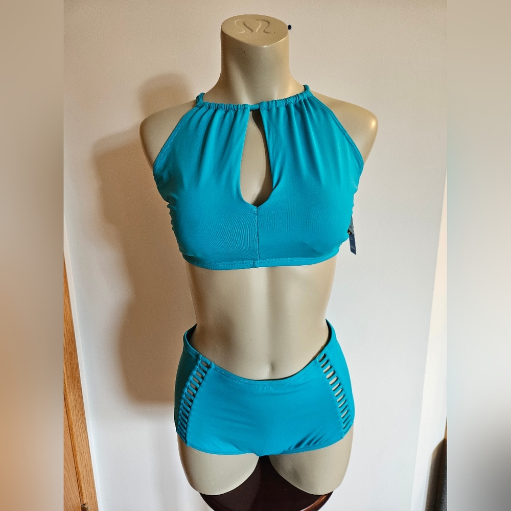 NWT La Vie En Rose Teal Bikini Swimsuit Set Halter Top High Waisted Bottoms